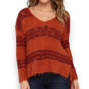 Free People Sweater Womens Large Orange Stripe Linus Fuzzy Pullover Wool Blend